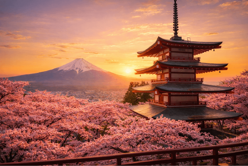 Japanese Zen ambience meditation scene with Mount Fuji