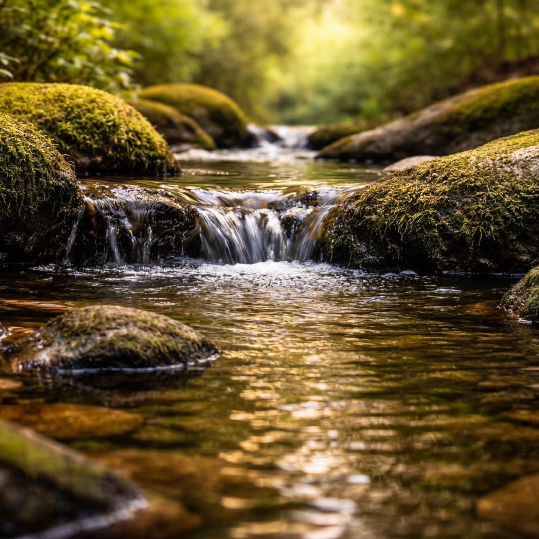 Calming forest stream with flowing water for relaxation, stress relief and better sleep